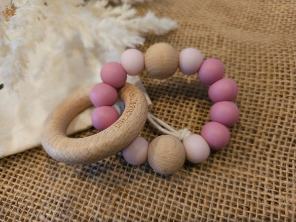 SINGLE RATTLE Silicone & Beech Wood Teether - Dusky Rose Pink