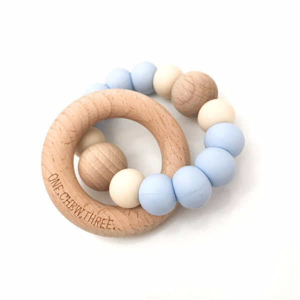 SINGLE RATTLE Silicone and Beech Wood Teether - Baby Blue with Cream