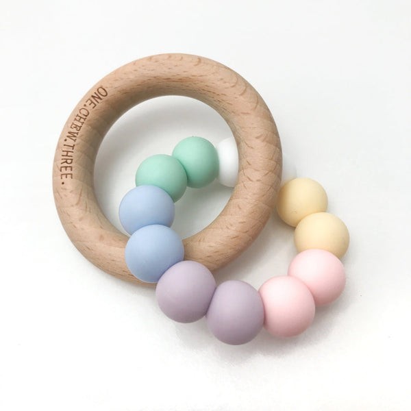 DUO Silicone and Beech Wood Teether - Pastel Rainbow