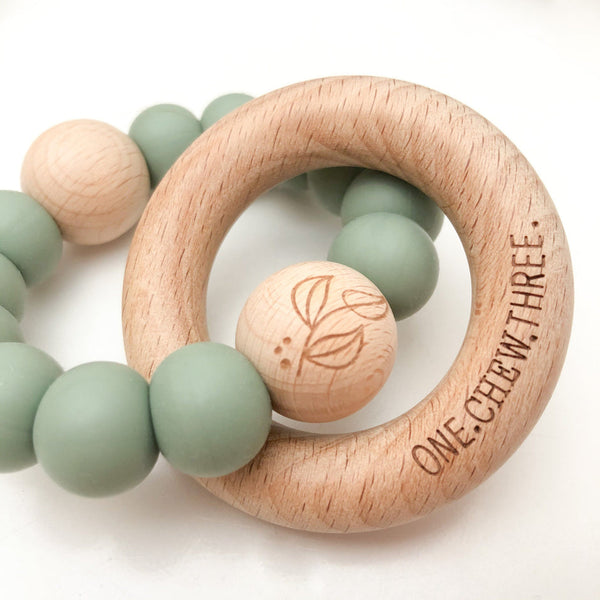 ELEMENTS Silicone Rattle Silicone and Wood Teether - Sage Foliage