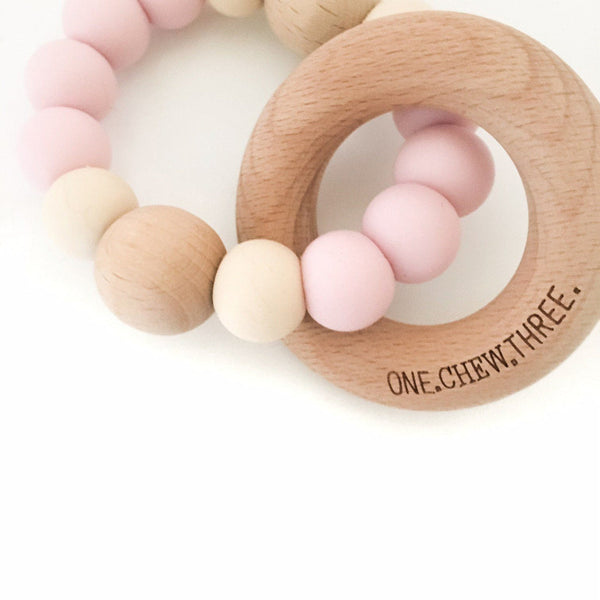 SINGLE RATTLE Silicone & Beech Wood Teether - Pale Pink & Cream