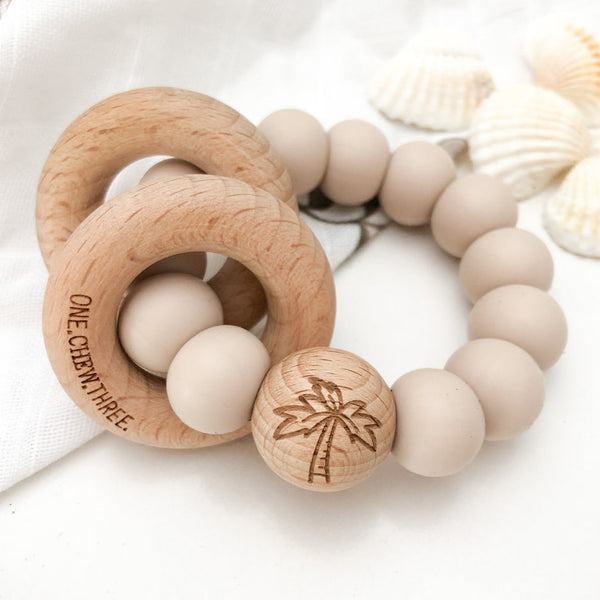 SUMMER Edition Silicone and Wood Rattle Teether - Sand