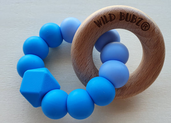 Blue Two Tone Silicone & Beech Ring Teether Toy